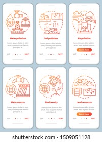 Earth resources and pollution issues onboarding mobile app page screen vector template. Sources. Walkthrough website steps with linear illustrations in red. UX, UI, GUI smartphone interface concept