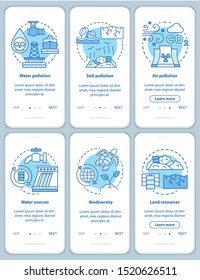 Earth resources and pollution issues onboarding mobile app page screen vector template. Biodiversity. Walkthrough website steps with linear illustrations. UX, UI, GUI smartphone interface concept