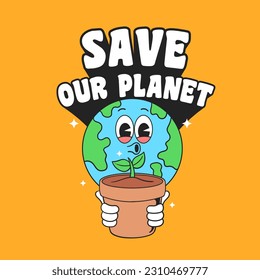 earth retro groovy cartoon character illustration