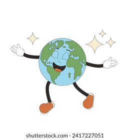 Earth in retro mascot style. Cute planet character flying with closed eyes isolated on white background. Vector globe with face illustration.