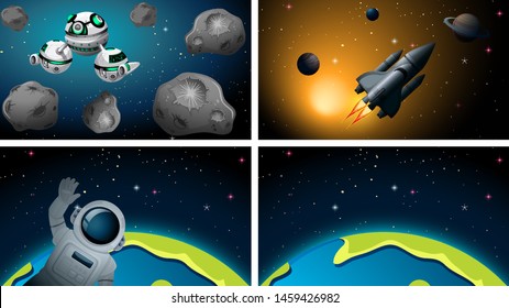 Earth, rocket and astronaut scene illustration