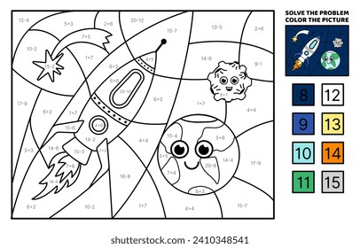 Erde und Rakete im All. Löse das Problem, färbe das Bild ein. Addition, Subtraktion. Farbbuch. Kawaii, Cartoon, Vektorgrafik. einzelne Vektorkruste