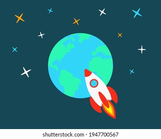 Earth and rocket in space with stars