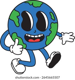 earth run happy face character vintage illustration vector color
