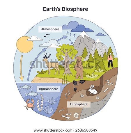 Earth s biosphere concept links atmosphere, hydrosphere, and lithosphere, sun drives cycles, trees and wildlife show habitats, key objects, sun, tree, bear. Doodle style diagram