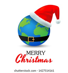 The earth with a Santa Claus hat and belt, Merry Christmas background concept, Vector illustration