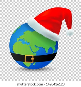 The earth with a Santa Claus hat and belt on transparent background, Merry Christmas concept, Vector illustration