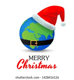The earth with a Santa Claus hat and belt, Merry Christmas background concept, Vector illustration