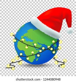 The earth with a Santa Claus hat laid and the Christmas light bulbs wires wrapped around it on transparent background, Merry Christmas and Happy New Year concept, Vector illustration