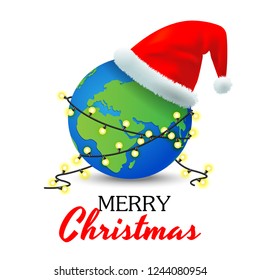 The earth with a Santa Claus hat laid and the Christmas light bulbs wires wrapped around it, Merry Christmas and Happy New Year background, Vector illustration