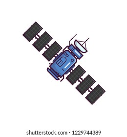 Earth satellite network provider banner. Line style, pixel perfect satellite vector illustration. Communication satellite with solar panels and dish with antenna.