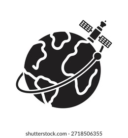 Icono de Vector negro sólido de la órbita del satélite terrestre aislado fondo blanco espacio planeta comunicación tecnología global símbolo ciencia ilustración gráfica