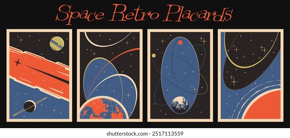 Terra, Saturno, Júpiter e outros planetas, Lua, Sol, Cometa, Estrelas. 1950 — 1960 Space Placards Style and Colors. Planos de fundo retroativos de espaço, modelos de vetor para ilustrações cósmicas, capas, pôsteres