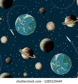 Earth, Saturn, Planets And Rocket In Space. Seamless Pattern