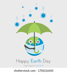 Earth Saving him self with Umbrella from Corona. Happy Earth Day, Earth Day. Eco friendly concept. Vector illustration. Earth day concept. World environment day background. 