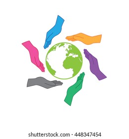 Earth saving icon logo. Six hands are protecting the earth. Six colors hands representing people all around the world, whatever nation, continent or skin color would have responsibility to the earth