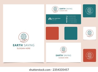 Earth saving logo design with editable slogan. Branding book and business card template.