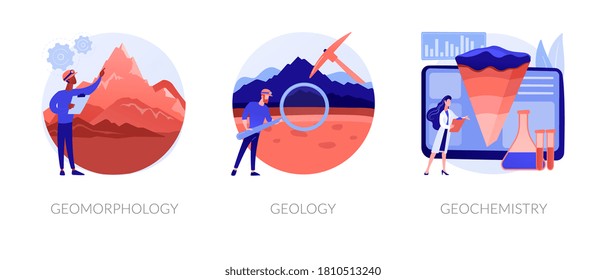 Earth science abstract concept vector illustration set. Geomorphology and geology, organic geochemistry, minerals research, landscape formation, petroleum research, soil exploration abstract metaphor.