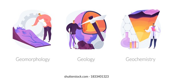 Earth science abstract concept vector illustration set. Geomorphology and geology, organic geochemistry, minerals research, landscape formation, petroleum research, soil exploration abstract metaphor.