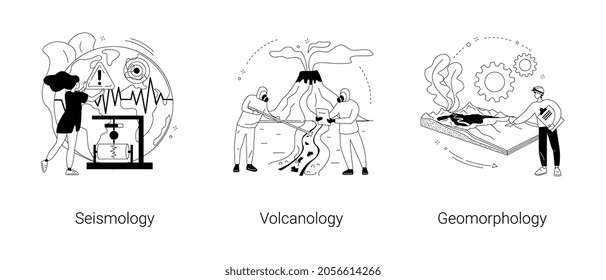 Abstraktes Konzept der Earth Science, Vektorgrafik-Set. Seismologie und Vulkanologie, geomorphologische Universitätsdisziplin, Erdbeben und tektonische Bewegung, abstrakte vulkanische Aktivität.