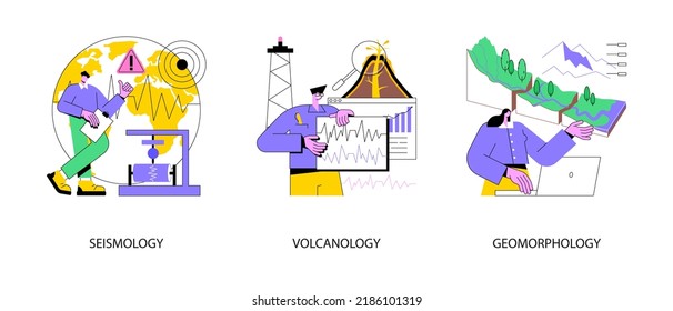 Abstraktes Konzept der Earth Science, Vektorgrafik-Set. Seismologie und Vulkanologie, geomorphologische Universitätsdisziplin, Erdbeben und tektonische Bewegung, abstrakte vulkanische Aktivität.