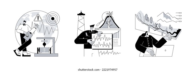 Abstraktes Konzept der Earth Science, Vektorgrafik-Set. Seismologie und Vulkanologie, geomorphologische Universitätsdisziplin, Erdbeben und tektonische Bewegung, abstrakte vulkanische Aktivität.