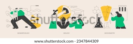 Earth science abstract concept vector illustration set. Geomorphology and geology, organic geochemistry, minerals research, landscape formation, petroleum research, soil exploration abstract metaphor. [[stock_photo]] © 