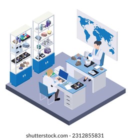 Geologie der Geologie der Erdwissenschaften Petrologie Erdseismologie Vulkanologie isometrische Zusammensetzung mit isolierter Sicht auf Laborarbeitsplätze mit Menschen Vektorgrafik Vektorgrafik