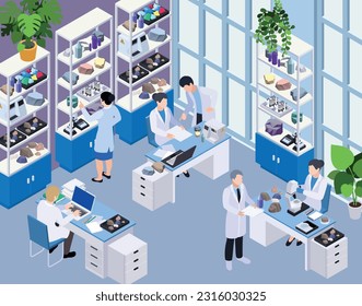 Geologie der Geologie der Erdwissenschaften Petrologie Erdseismologie Vulkanologie isometrische Zusammensetzung mit Innenansicht Labor mit Arbeitsplätzen Vektorgrafik