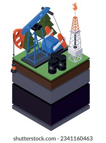 Geologie der Geologie der Erdwissenschaften Petrologie Erdseismologie Vulkanologie isometrische Zusammensetzung mit isolierter Sicht der Erdschichten Erdöl derrick Vektorgrafik