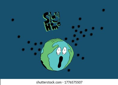earth screams because of viruses attack(hand drawn vector illustration).