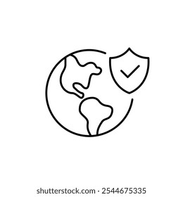 Terra e escudo de segurança com marca de seleção. Proteção do ambiente, seguro global. Ícone de vetor perfeito de pixel