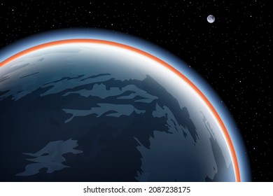 The earth seen from space, with the light of the rising sun, in front of the moon and a background of a starry sky.