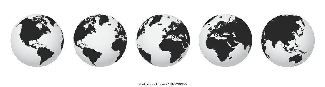 Earth set 3D transparent Globes with World Maps, Earth globe hemispheres with continents - vector