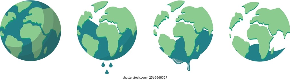 Earth set with differents water levels. Global Warming Impact Earth Melting Illustration Vector. Series of Earth globes showing progressive climate change effects through melting and deterioration