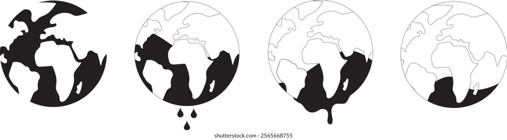 Earth set icons with differents water levels. Global Warming Impact Earth Melting Illustration Vector. Series of Earth globes showing progressive climate change effects in black and white colors