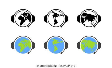 Earth set icons. Headphones icons. Silhouette and flat style. Vector icons.