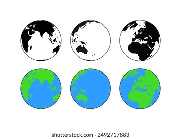 Earth set icons. Silhouette and flat styles. Vector icons.