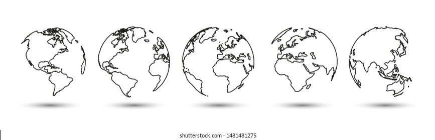 Earth set one line Globes with World Maps - stock vector