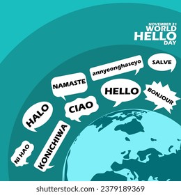 An earth with several speech bubble clouds containing words from various countries which all mean Hello, with bold text on turquoise background to commemorate World Hello Day on November 21