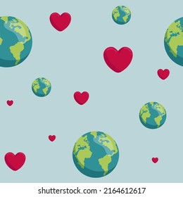 earth in the shape of a heart. seamless pattern Cartoon globe. web icons green happy nature character. love ecology earth planet world map catastrophic illustration template. save the planet