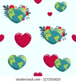 earth in the shape of a heart. seamless pattern Cartoon globe. web icons green happy nature character. love ecology earth planet world map catastrophic illustration template. save the planet