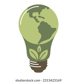 Earth in shape of light bulb lamp, concept of ecology problem ESG renewable, green energy, safe and long term source, vector illustration.