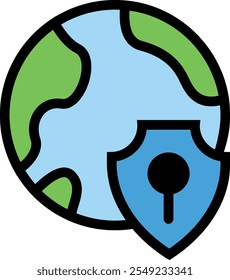Terra com um escudo com um buraco de fechadura, simbolizando proteção, criptografia, segurança, dados protegidos e proteção global.