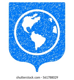 Earth Shield grainy textured icon for overlay watermark stamps. Flat symbol with dirty texture. Dotted vector blue ink rubber seal stamp with grunge design on a white background.