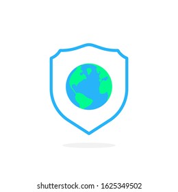 earth in shield like global security icon. concept of protection of international business. flat cartoon style trend modern security logotype graphic art design element isolated on white background