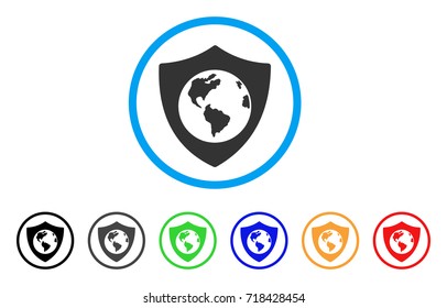 Earth Shield rounded icon. Style is a flat earth shield gray symbol inside light blue circle with black, gray, green, blue, red, orange color versions. Vector designed for web and software interfaces.