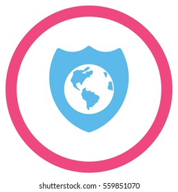 Earth Shield vector bicolor rounded icon. Image style is a flat icon symbol inside a circle, pink and blue colors, white background.