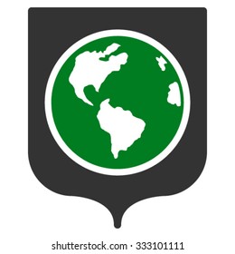Earth Shield vector icon. Style is bicolor flat symbol, green and gray colors, rounded angles, white background.