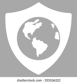 Earth Shield vector icon. Style is flat symbol, white color, rounded angles, silver background.